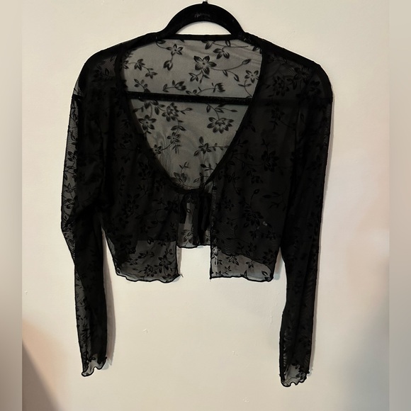 Sheer Mesh Floral Detail Lettuce Trim Tie Cardigan/Top - Picture 4 of 6